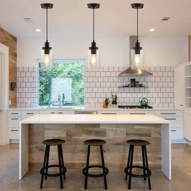 Alt view image 3 of 5 - Industrial Pendant Lights, Modern Clear Glass Shade Pendant Lighting, Black Pendant Light Fixtures Ceiling Light, Farmhouse Pendant Lighting for Kitchen Island Hallway Porch Corridor Bedroom, 3-Pack