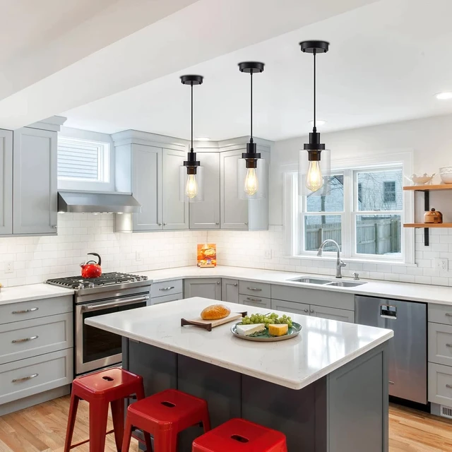 Alt view image 4 of 5 - Industrial Pendant Lights, Modern Clear Glass Shade Pendant Lighting, Black Pendant Light Fixtures Ceiling Light, Farmhouse Pendant Lighting for Kitchen Island Hallway Porch Corridor Bedroom, 3-Pack