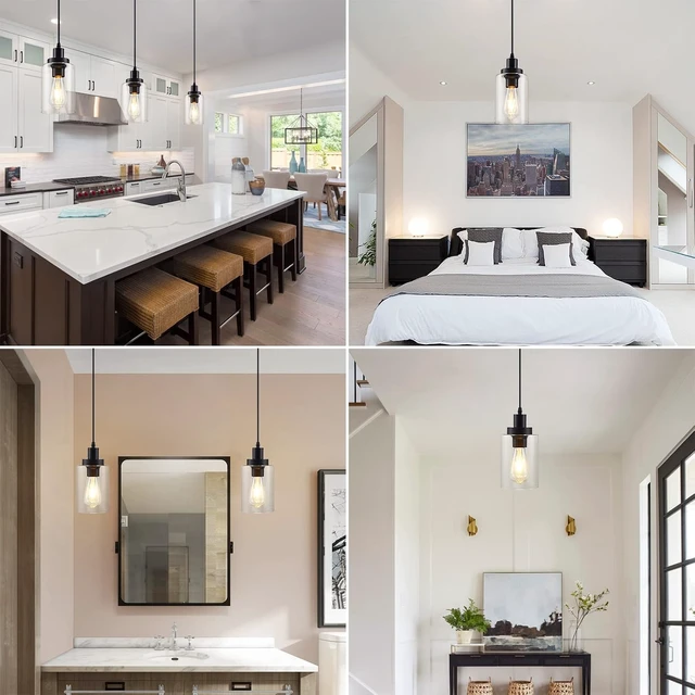 Alt view image 5 of 5 - Industrial Pendant Lights, Modern Clear Glass Shade Pendant Lighting, Black Pendant Light Fixtures Ceiling Light, Farmhouse Pendant Lighting for Kitchen Island Hallway Porch Corridor Bedroom, 3-Pack