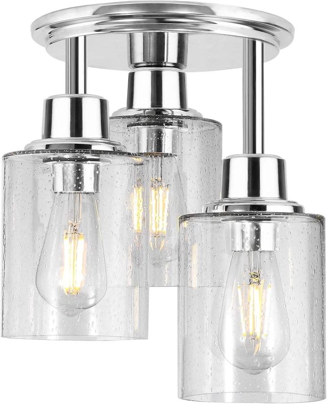 Main image of Semi Flush Mount Ceiling Light, 3-Light Close to Ceiling Light Fixtures, Electroplating Chrome Finish with Clear Seeded Glass Shade Chandelier Lighting for Stairs Porch Hallway Entryway Kitchen