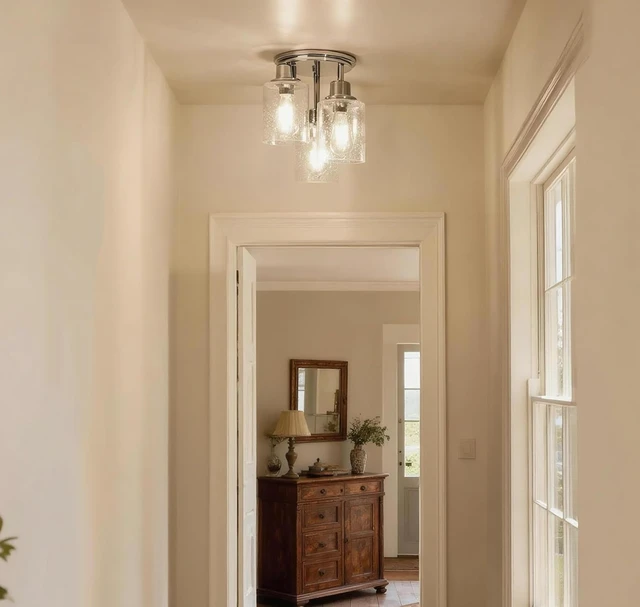 Alt view image 2 of 7 - Semi Flush Mount Ceiling Light, 3-Light Close to Ceiling Light Fixtures, Electroplating Chrome Finish with Clear Seeded Glass Shade Chandelier Lighting for Stairs Porch Hallway Entryway Kitchen