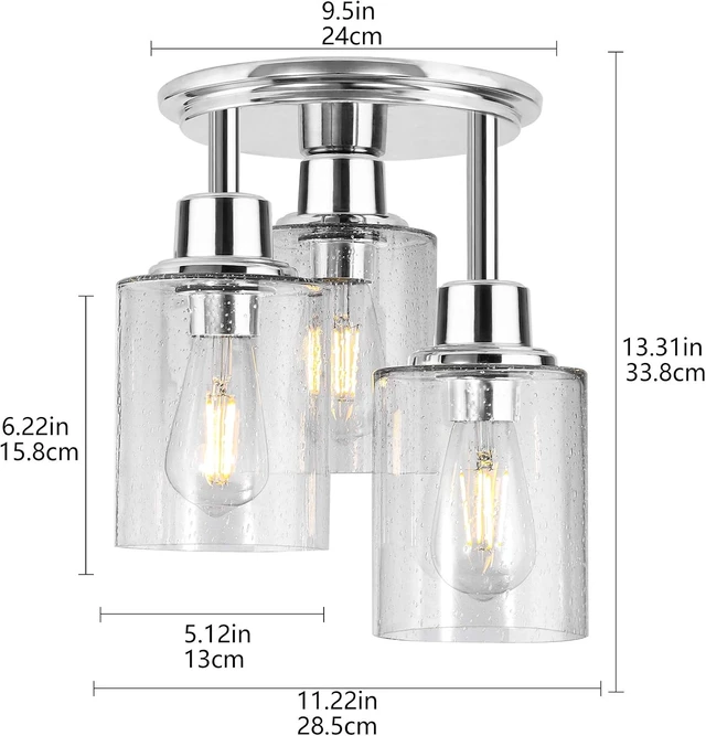 Alt view image 3 of 7 - Semi Flush Mount Ceiling Light, 3-Light Close to Ceiling Light Fixtures, Electroplating Chrome Finish with Clear Seeded Glass Shade Chandelier Lighting for Stairs Porch Hallway Entryway Kitchen