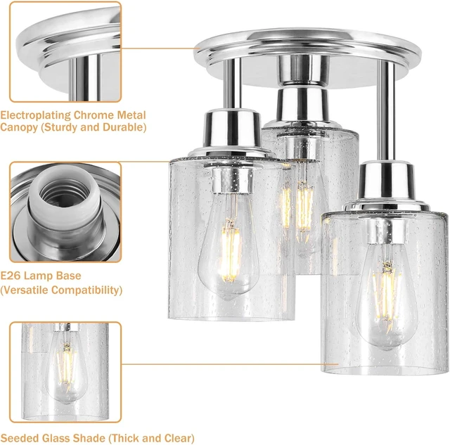 Alt view image 4 of 7 - Semi Flush Mount Ceiling Light, 3-Light Close to Ceiling Light Fixtures, Electroplating Chrome Finish with Clear Seeded Glass Shade Chandelier Lighting for Stairs Porch Hallway Entryway Kitchen
