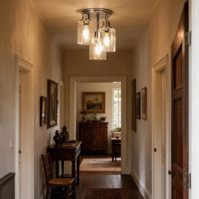 Alt view image 5 of 7 - Semi Flush Mount Ceiling Light, 3-Light Close to Ceiling Light Fixtures, Electroplating Chrome Finish with Clear Seeded Glass Shade Chandelier Lighting for Stairs Porch Hallway Entryway Kitchen