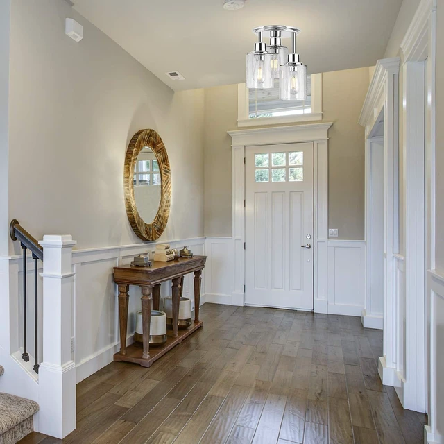 Alt view image 7 of 7 - Semi Flush Mount Ceiling Light, 3-Light Close to Ceiling Light Fixtures, Electroplating Chrome Finish with Clear Seeded Glass Shade Chandelier Lighting for Stairs Porch Hallway Entryway Kitchen