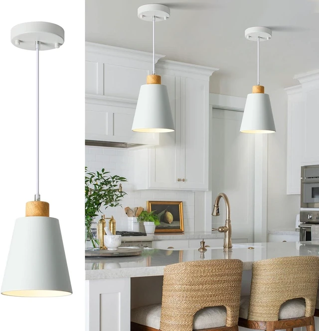 Main image of White Pendant Light Kitchen Island Wood Pendant Lighting Mini Modern Hanging Light Small Pendant Light Fixture for Dining Room,Bar,Bedroom,Adjustable Cord,5.94 inch,1 PCS