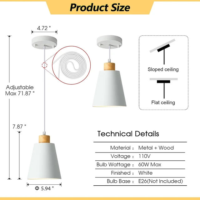 Alt view image 3 of 7 - White Pendant Light Kitchen Island Wood Pendant Lighting Mini Modern Hanging Light Small Pendant Light Fixture for Dining Room,Bar,Bedroom,Adjustable Cord,5.94 inch,1 PCS