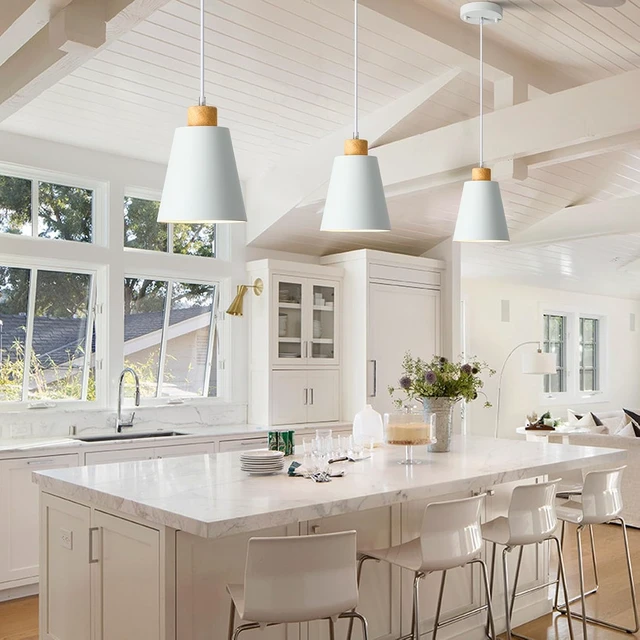 Alt view image 6 of 7 - White Pendant Light Kitchen Island Wood Pendant Lighting Mini Modern Hanging Light Small Pendant Light Fixture for Dining Room,Bar,Bedroom,Adjustable Cord,5.94 inch,1 PCS