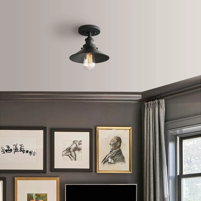 Alt view image 2 of 7 - Pathson Vintage Ceiling Light with Metal Shade, Farmhouse Ceiling Lamp Fixtures for Hallway Loft Kitchen Bar, Matte Black Semi-Flush Mounted Lighting(Black)