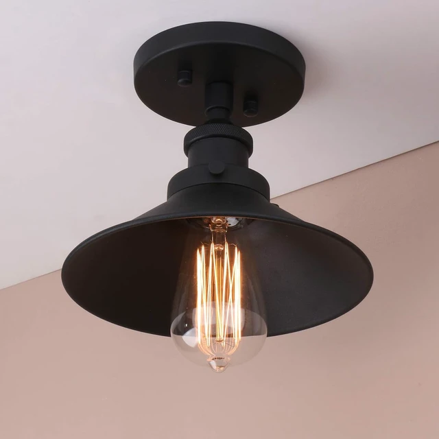 Alt view image 4 of 7 - Pathson Vintage Ceiling Light with Metal Shade, Farmhouse Ceiling Lamp Fixtures for Hallway Loft Kitchen Bar, Matte Black Semi-Flush Mounted Lighting(Black)