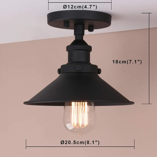 Alt view image 5 of 7 - Pathson Vintage Ceiling Light with Metal Shade, Farmhouse Ceiling Lamp Fixtures for Hallway Loft Kitchen Bar, Matte Black Semi-Flush Mounted Lighting(Black)
