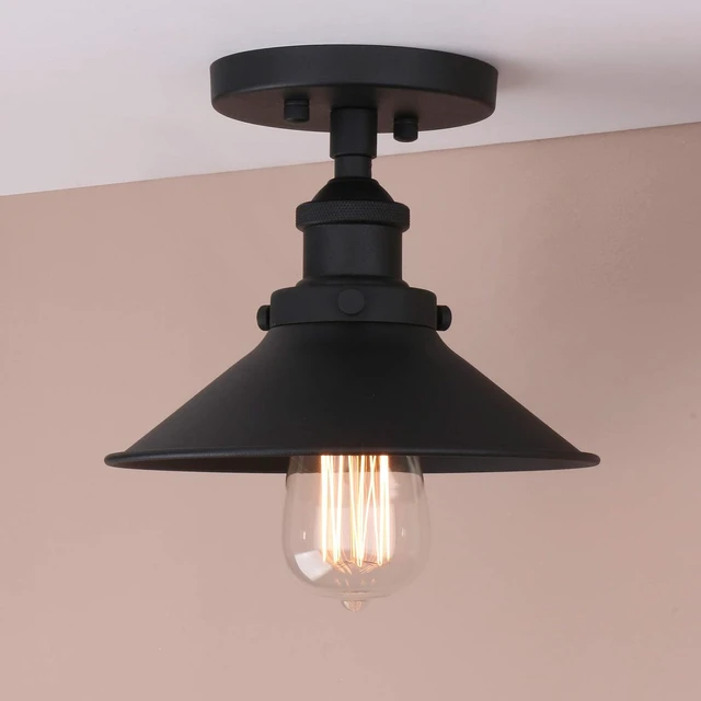 Alt view image 6 of 7 - Pathson Vintage Ceiling Light with Metal Shade, Farmhouse Ceiling Lamp Fixtures for Hallway Loft Kitchen Bar, Matte Black Semi-Flush Mounted Lighting(Black)