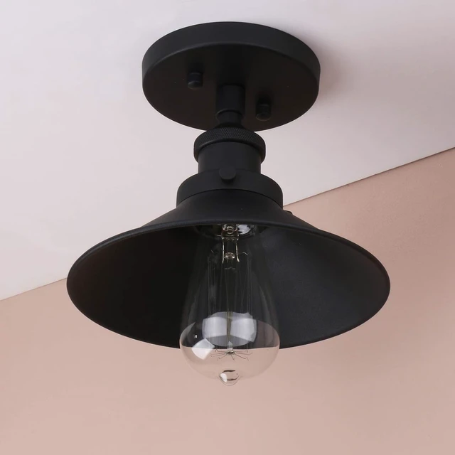 Alt view image 7 of 7 - Pathson Vintage Ceiling Light with Metal Shade, Farmhouse Ceiling Lamp Fixtures for Hallway Loft Kitchen Bar, Matte Black Semi-Flush Mounted Lighting(Black)