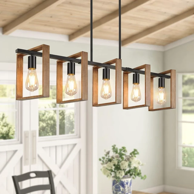 Main image of 53 Farmhouse Kitchen Island Lighting, 5-Light Adjustable Dining Room Light Fixtures, Rustic Wood Chandeliers Black Hanging Light Fixtures for Kitchen, Pool Table Lights, Bulbs Not Included