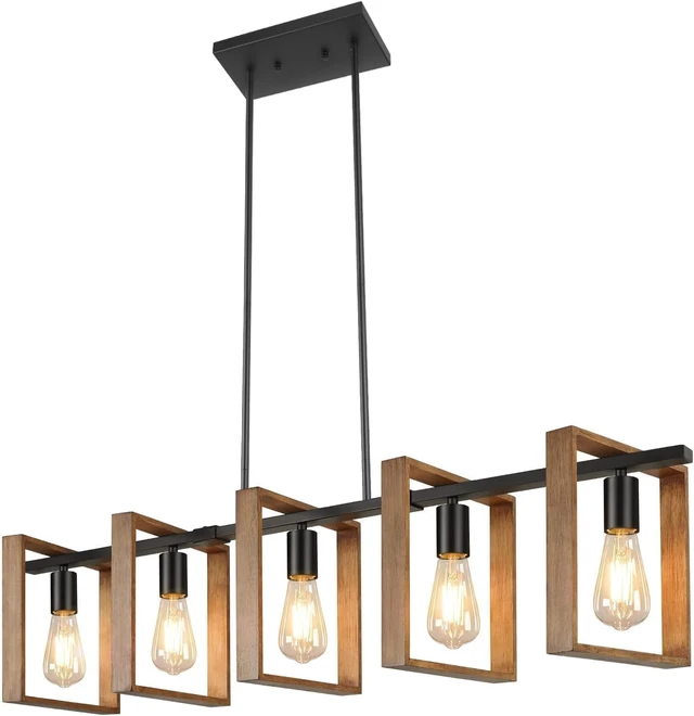 Alt view image 2 of 7 - 53 Farmhouse Kitchen Island Lighting, 5-Light Adjustable Dining Room Light Fixtures, Rustic Wood Chandeliers Black Hanging Light Fixtures for Kitchen, Pool Table Lights, Bulbs Not Included