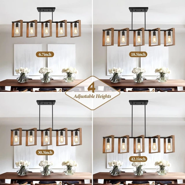 Alt view image 3 of 7 - 53 Farmhouse Kitchen Island Lighting, 5-Light Adjustable Dining Room Light Fixtures, Rustic Wood Chandeliers Black Hanging Light Fixtures for Kitchen, Pool Table Lights, Bulbs Not Included