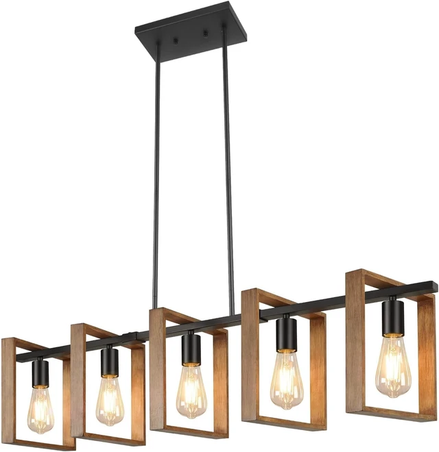 Alt view image 4 of 7 - 53 Farmhouse Kitchen Island Lighting, 5-Light Adjustable Dining Room Light Fixtures, Rustic Wood Chandeliers Black Hanging Light Fixtures for Kitchen, Pool Table Lights, Bulbs Not Included