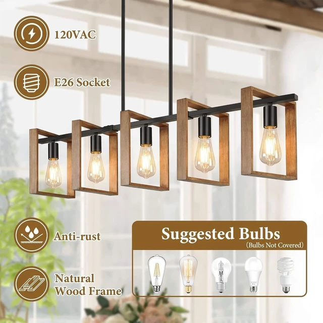 Alt view image 5 of 7 - 53 Farmhouse Kitchen Island Lighting, 5-Light Adjustable Dining Room Light Fixtures, Rustic Wood Chandeliers Black Hanging Light Fixtures for Kitchen, Pool Table Lights, Bulbs Not Included