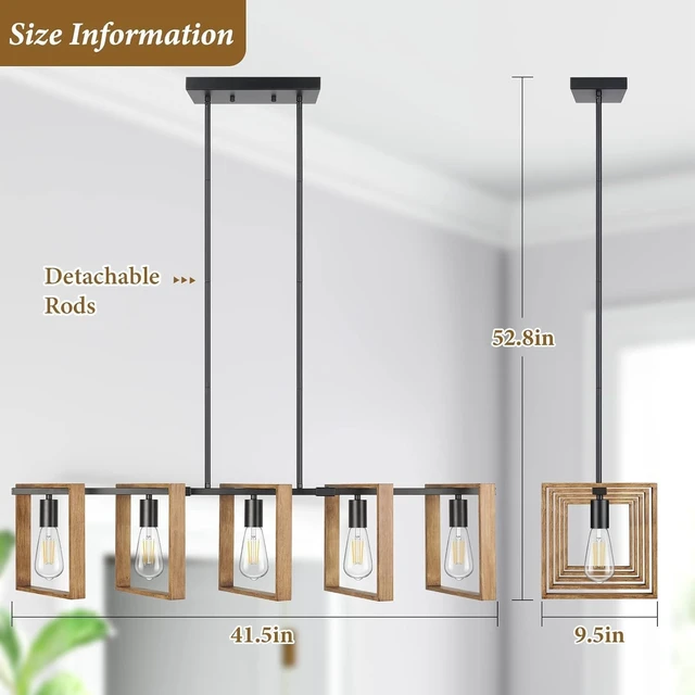 Alt view image 6 of 7 - 53 Farmhouse Kitchen Island Lighting, 5-Light Adjustable Dining Room Light Fixtures, Rustic Wood Chandeliers Black Hanging Light Fixtures for Kitchen, Pool Table Lights, Bulbs Not Included