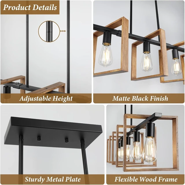 Alt view image 7 of 7 - 53 Farmhouse Kitchen Island Lighting, 5-Light Adjustable Dining Room Light Fixtures, Rustic Wood Chandeliers Black Hanging Light Fixtures for Kitchen, Pool Table Lights, Bulbs Not Included