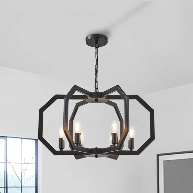 Main image of Lanhall 6 Light Farmhouse Chandelier Black Dining Room Light Fixture Modern Rustic Geometric Hanging Pendant Light for Living Room, kitchen Island, Foyer, Entryway, Hallway, Stairway Adjustable Height