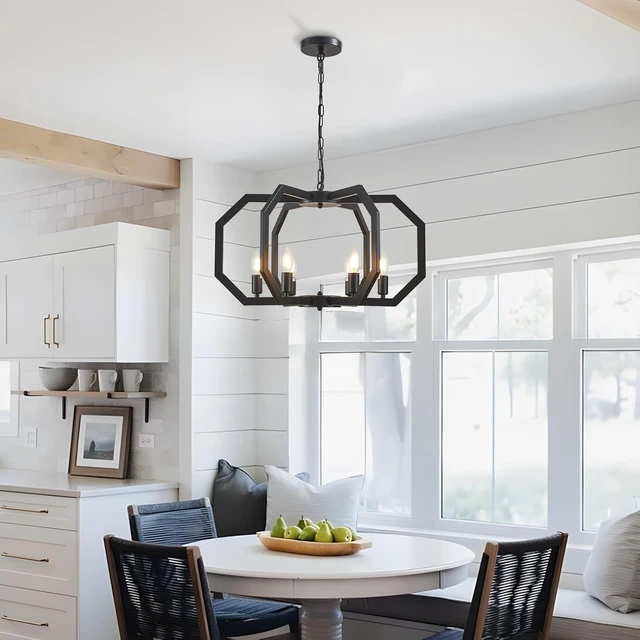 Alt view image 2 of 7 - Lanhall 6 Light Farmhouse Chandelier Black Dining Room Light Fixture Modern Rustic Geometric Hanging Pendant Light for Living Room, kitchen Island, Foyer, Entryway, Hallway, Stairway Adjustable Height