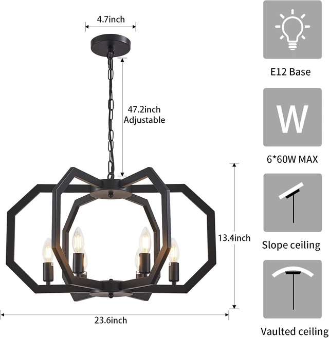 Alt view image 3 of 7 - Lanhall 6 Light Farmhouse Chandelier Black Dining Room Light Fixture Modern Rustic Geometric Hanging Pendant Light for Living Room, kitchen Island, Foyer, Entryway, Hallway, Stairway Adjustable Height
