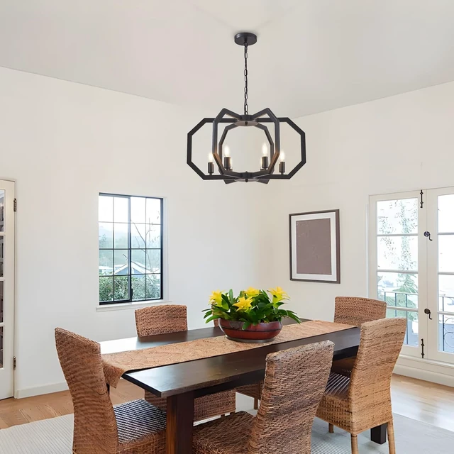 Alt view image 5 of 7 - Lanhall 6 Light Farmhouse Chandelier Black Dining Room Light Fixture Modern Rustic Geometric Hanging Pendant Light for Living Room, kitchen Island, Foyer, Entryway, Hallway, Stairway Adjustable Height