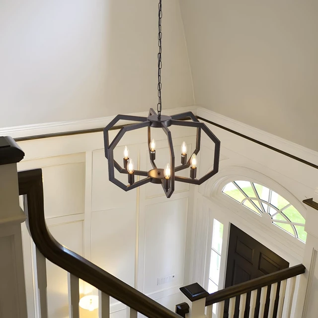 Alt view image 6 of 7 - Lanhall 6 Light Farmhouse Chandelier Black Dining Room Light Fixture Modern Rustic Geometric Hanging Pendant Light for Living Room, kitchen Island, Foyer, Entryway, Hallway, Stairway Adjustable Height