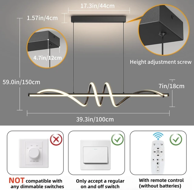 Alt view image 3 of 7 - Modern LED Pendant Lights, Ceiling Chandelier Dimmable with Remote Control 3000k-6000K Adjustable Color Temperature, Aluminum Island Lighting Lamp Fixture for Kitchen, Dining Room(39in Black)