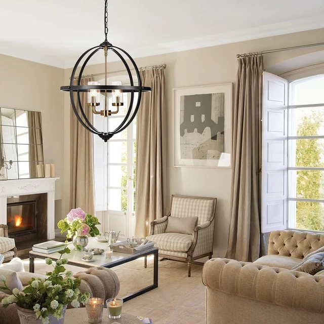 Alt view image 3 of 7 - Treekee 4-Light Black Orb Chandelier, 20" Black and Gold Globe Pendant Light, Adjustable Hanging Ceiling Light Fixtures, Industrial Ceiling Chandelier Light for Kitchen, Dining Room, Foyer