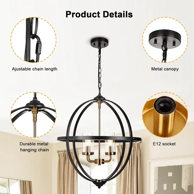 Alt view image 4 of 7 - Treekee 4-Light Black Orb Chandelier, 20" Black and Gold Globe Pendant Light, Adjustable Hanging Ceiling Light Fixtures, Industrial Ceiling Chandelier Light for Kitchen, Dining Room, Foyer