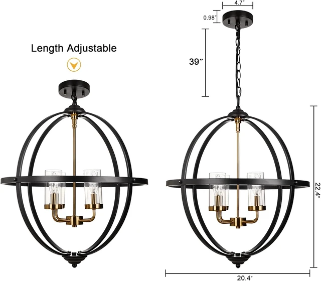 Alt view image 5 of 7 - Treekee 4-Light Black Orb Chandelier, 20" Black and Gold Globe Pendant Light, Adjustable Hanging Ceiling Light Fixtures, Industrial Ceiling Chandelier Light for Kitchen, Dining Room, Foyer