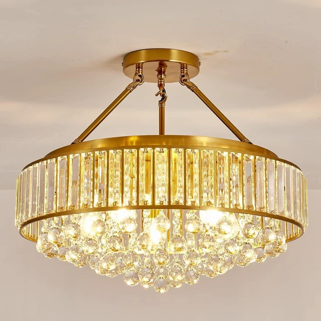 Main image of YYJLX 6-Light Modern Large Crystal Chandelier Gold Metal E26 Semi Flush Mount Round Ceiling Light Fixture Ceiling Lamp Farmhouse for Dining Room Living Room Laundry Room Foyer Kitchen Bedroom