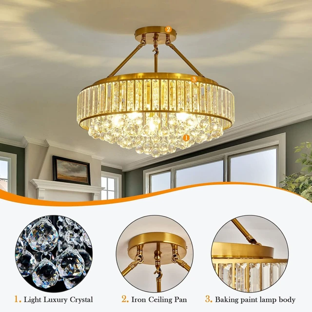 Alt view image 2 of 7 - YYJLX 6-Light Modern Large Crystal Chandelier Gold Metal E26 Semi Flush Mount Round Ceiling Light Fixture Ceiling Lamp Farmhouse for Dining Room Living Room Laundry Room Foyer Kitchen Bedroom
