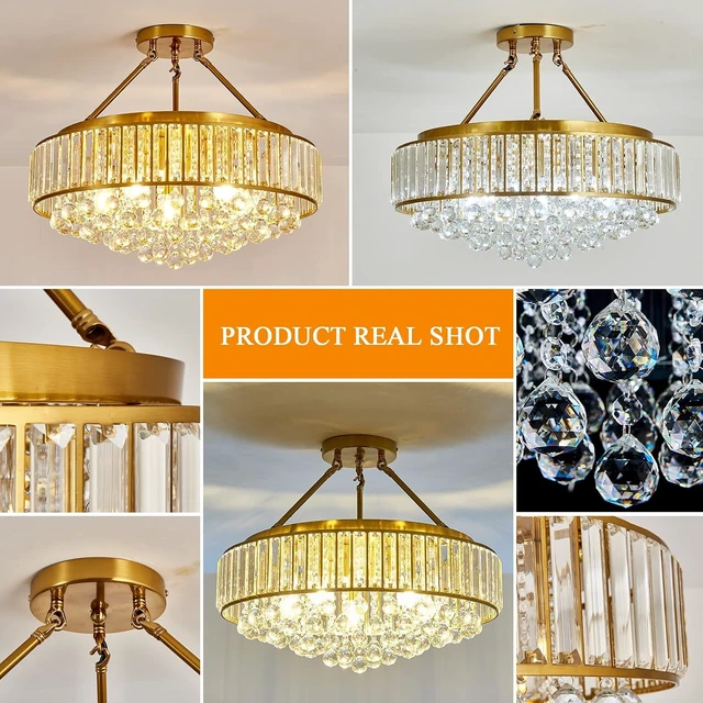 Alt view image 3 of 7 - YYJLX 6-Light Modern Large Crystal Chandelier Gold Metal E26 Semi Flush Mount Round Ceiling Light Fixture Ceiling Lamp Farmhouse for Dining Room Living Room Laundry Room Foyer Kitchen Bedroom