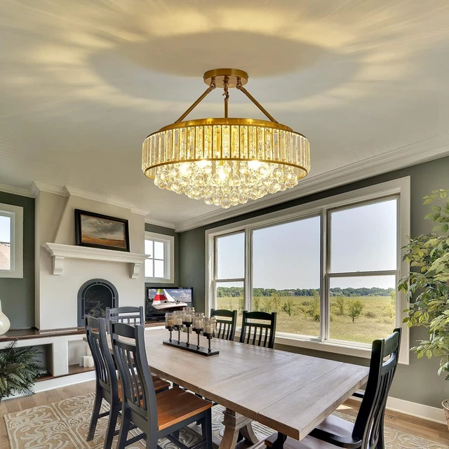 Alt view image 6 of 7 - YYJLX 6-Light Modern Large Crystal Chandelier Gold Metal E26 Semi Flush Mount Round Ceiling Light Fixture Ceiling Lamp Farmhouse for Dining Room Living Room Laundry Room Foyer Kitchen Bedroom