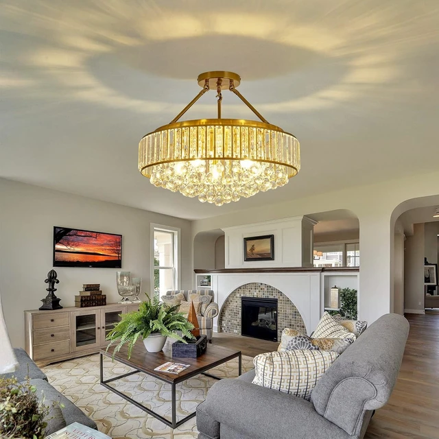 Alt view image 7 of 7 - YYJLX 6-Light Modern Large Crystal Chandelier Gold Metal E26 Semi Flush Mount Round Ceiling Light Fixture Ceiling Lamp Farmhouse for Dining Room Living Room Laundry Room Foyer Kitchen Bedroom