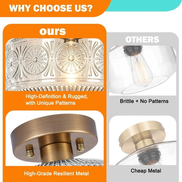 Alt view image 4 of 7 - DSMJFU Semi Flush Mount Ceiling Light, Brass Thick Glass Fixture