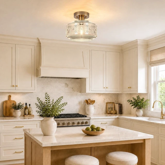 Alt view image 6 of 7 - DSMJFU Semi Flush Mount Ceiling Light, Brass Thick Glass Fixture