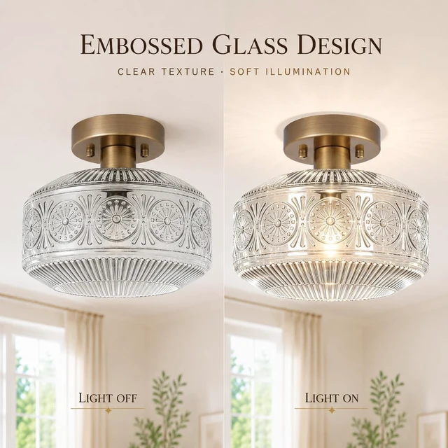 Alt view image 7 of 7 - DSMJFU Semi Flush Mount Ceiling Light, Brass Thick Glass Fixture
