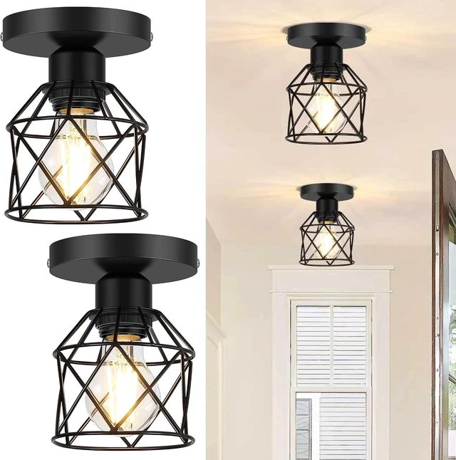 Main image of FadimiKoo 2-Pack Farmhouse Semi Flush Mount Ceiling Light, Black Hallway Light Fixtures Ceiling Mount, Small Metal Cage Indoor Ceiling Lamp for Kitchen Porch Bedroom (LED Bulbs Included)