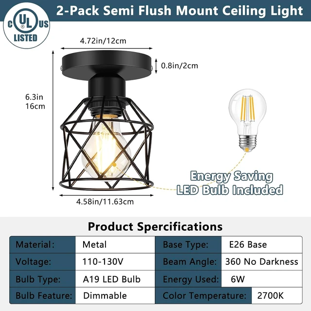 Alt view image 2 of 7 - FadimiKoo 2-Pack Farmhouse Semi Flush Mount Ceiling Light, Black Hallway Light Fixtures Ceiling Mount, Small Metal Cage Indoor Ceiling Lamp for Kitchen Porch Bedroom (LED Bulbs Included)