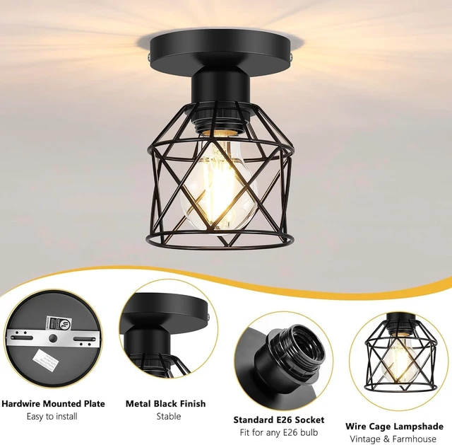 Alt view image 3 of 7 - FadimiKoo 2-Pack Farmhouse Semi Flush Mount Ceiling Light, Black Hallway Light Fixtures Ceiling Mount, Small Metal Cage Indoor Ceiling Lamp for Kitchen Porch Bedroom (LED Bulbs Included)