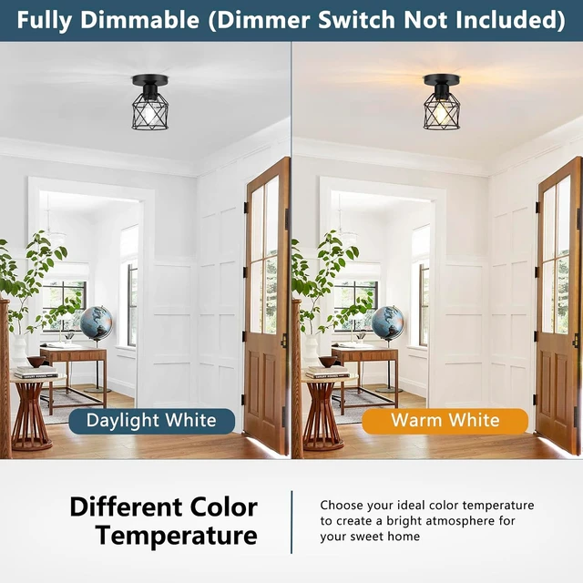 Alt view image 4 of 7 - FadimiKoo 2-Pack Farmhouse Semi Flush Mount Ceiling Light, Black Hallway Light Fixtures Ceiling Mount, Small Metal Cage Indoor Ceiling Lamp for Kitchen Porch Bedroom (LED Bulbs Included)