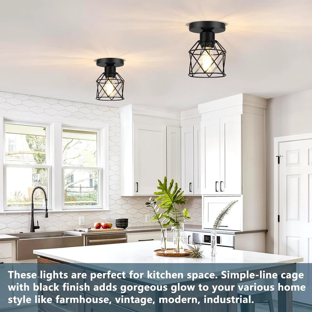 Alt view image 5 of 7 - FadimiKoo 2-Pack Farmhouse Semi Flush Mount Ceiling Light, Black Hallway Light Fixtures Ceiling Mount, Small Metal Cage Indoor Ceiling Lamp for Kitchen Porch Bedroom (LED Bulbs Included)