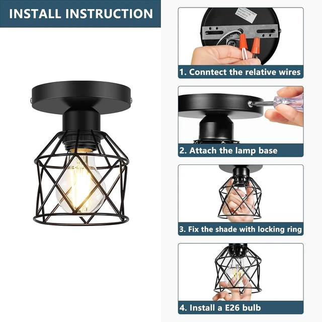 Alt view image 7 of 7 - FadimiKoo 2-Pack Farmhouse Semi Flush Mount Ceiling Light, Black Hallway Light Fixtures Ceiling Mount, Small Metal Cage Indoor Ceiling Lamp for Kitchen Porch Bedroom (LED Bulbs Included)