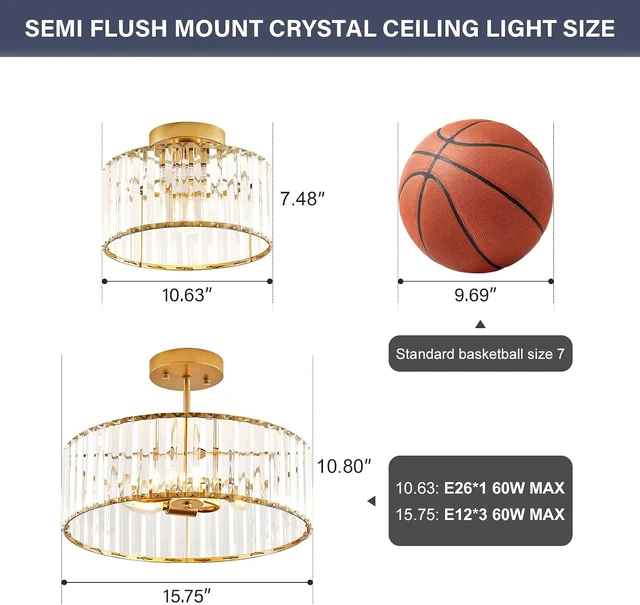 Alt view image 4 of 7 - Crystal Gold Semi Flush Ceiling Light 10.63 Inch