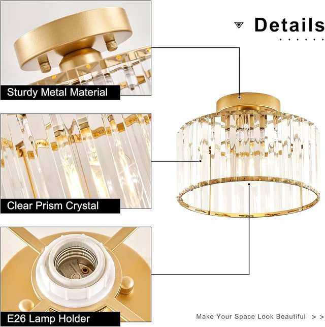 Alt view image 6 of 7 - Crystal Gold Semi Flush Ceiling Light 10.63 Inch