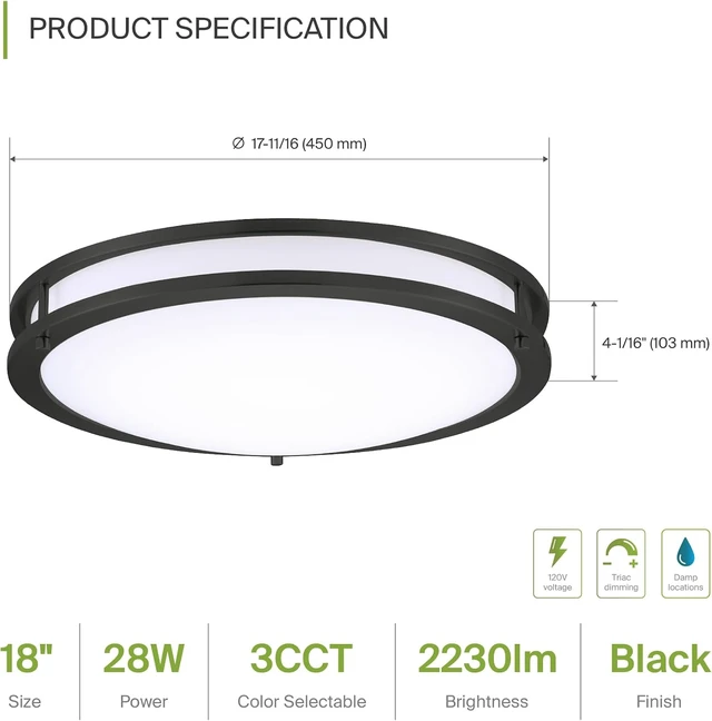 Alt view image 3 of 7 - ASD LED 18" Round Flush Mount Lighting, Close to Ceiling Light Fixture | 3CCT, Dimmable, Energy Star, ETL Listed | 28W 2230LM 3000-5000K 120V | Low Profile Double Ring Lamp | Black